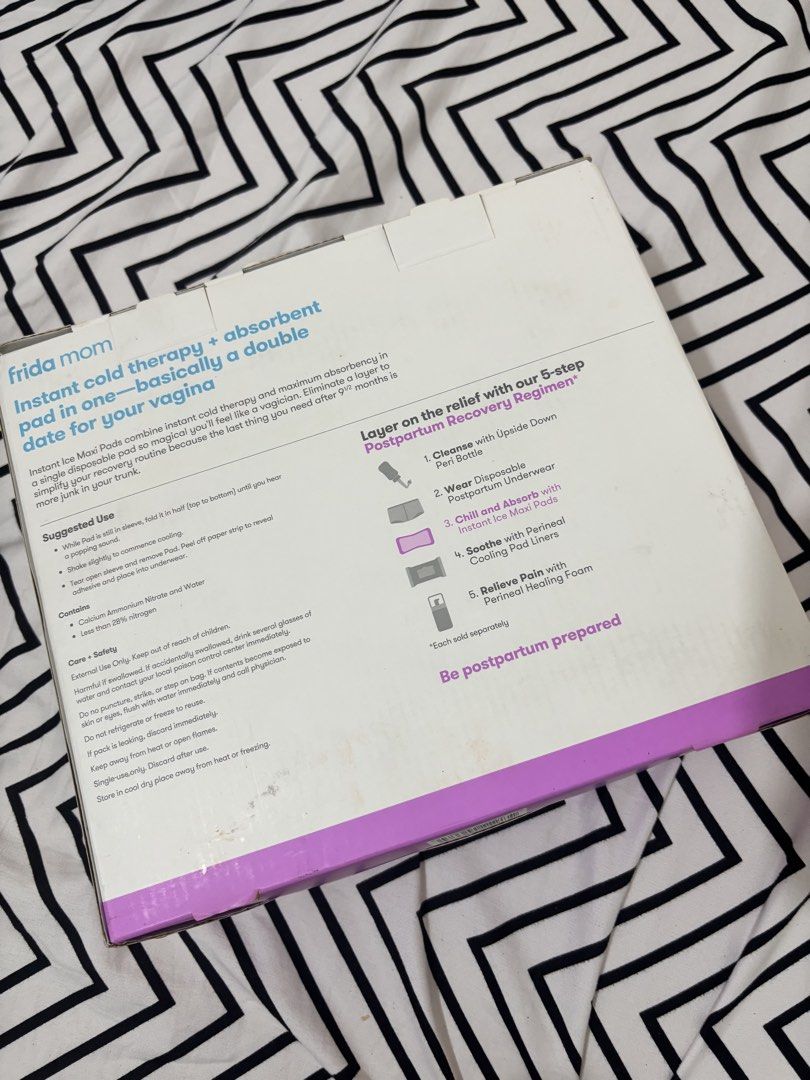 Frida Mom Postpartum Recovery Essentials Bundle (Category: Maternity Care) located in Manila. Submitted by sugarcervantes (Listing ID 1466080119, Image 2). Description: PRODUCT DESCRIPTION: - Brand new Frida Mom postpartum recovery bundle - Ideal for hospital bag packing and postpartum preparation - Includes Instant Ice Maxi Pads for pain relief - Includes Disposable Postpartum Underwear (Regular size) - Includes Witch Hazel Perineal Cooling Pad 