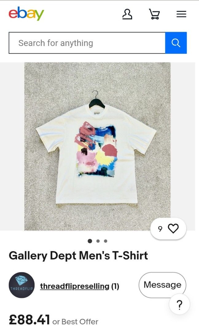Gallery Dept. Abstract Paint Splatter Graphic Tee (Category: Tshirts & Polo Shirts ) located in Baliuag. Submitted by retrovault83 (Listing ID 1466088906, Image 2). Description: ✨ Condition: 9/10 – Excellent Preloved Condition 📏 Measurements (Flat Lay, Tagged Size XL): • Pit to Pit: 21.5 • Length: 30 ✅ Details: • Gallery Dept. Abstract Paint Splatter Graphic T-Shirt • Clean white body featuring a vibrant multi-color abstract painted block graphi