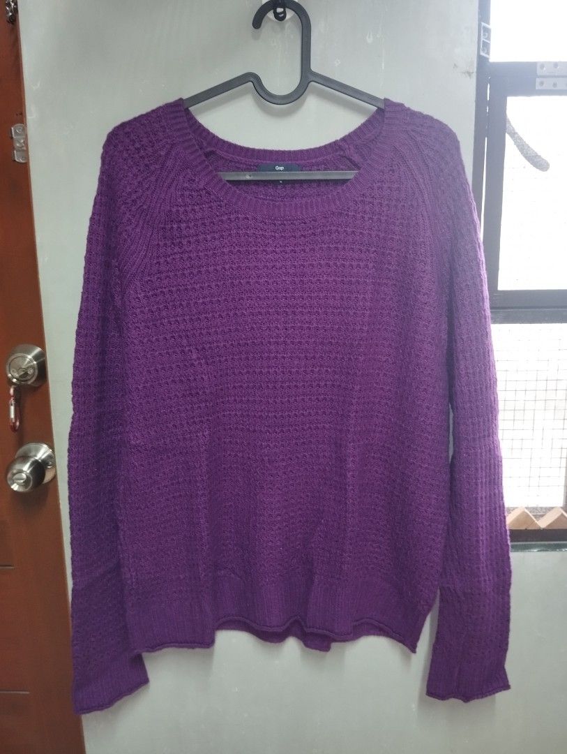 Gap Purple Waffle Knit Sweater (Category: Coats, Jackets and Outerwear) located in Pasig City. Submitted by cityshopperph (Listing ID 1466040735, Image 1). Description: - Brand: Gap - Color: Purple - Style: Relaxed fit long sleeve sweater with scoop neckline - Texture: Waffle knit pattern - Details: Ribbed cuffs and hem - Condition: Excellent / Great for cooler weather.
