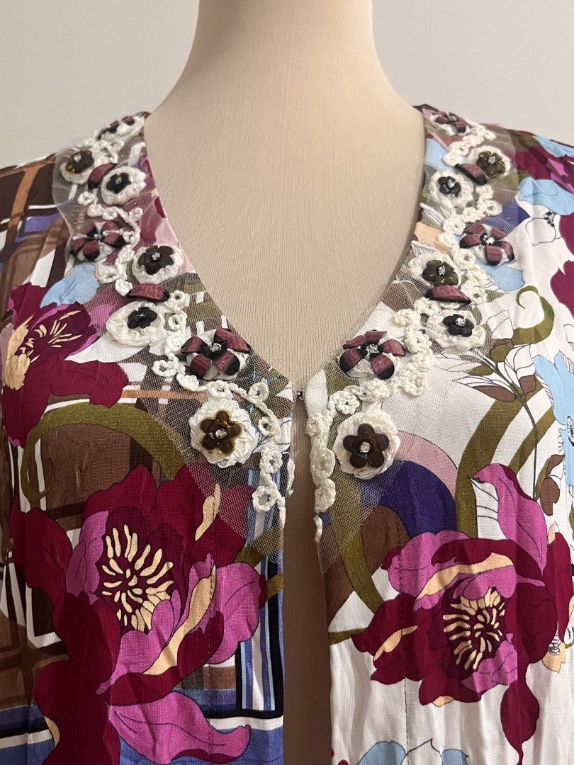 Ghinelli Floral Patchwork Open Cardigan Size 48 (Category: Coats, Jackets and Outerwear) located in Cabanatuan. Submitted by chinmndz (Listing ID 1465978557, Image 2). Description: Prices are negotiable !! ദ്ദി(˵ •̀ ᴗ - ˵ ) ✧ Feel free to ask for more details. - Brand/Model: Ghinelli open-front cardigan - Size: 48 - Design: Colorful mix of floral patterns, geometric blocks, and plaid prints - Details: V-neckline with crocheted lace flowers and be