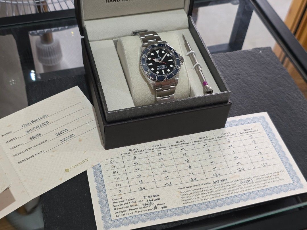 Ginault Ocean Rover (Category: Men's Watches) located in Antipolo. Submitted by giancookie (Listing ID 1465969638, Image 3). Description: - Brand/Model: Ginault Ocean Rover - Design: Classic black dial paired with a striking blue ceramic bezel insert - Build: Durable stainless steel case and matching bracelet - Movement: Reliable Swiss mechanical movement - Inclusion: Complete with original presentation box, adjustment tool, and authenticity pape