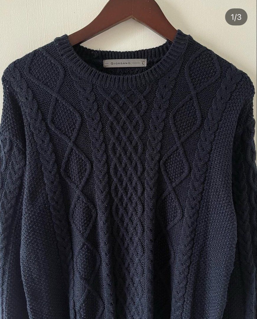 Giordano Navy Blue Cable Knit Sweater Size L (Category: Coats, Jackets and Outerwear) located in Las Pinas. Submitted by unwanted.treasures (Listing ID 1466076823, Image 1). Description: - Brand: Giordano - Color: Dark Blue - Size: Large - Style: Classic crewneck with textured diamond patterns on front and sleeves - Details: Ribbed collar, cuffs, and hem for a snug fit - Perfect for: Cool weather, casual layering.