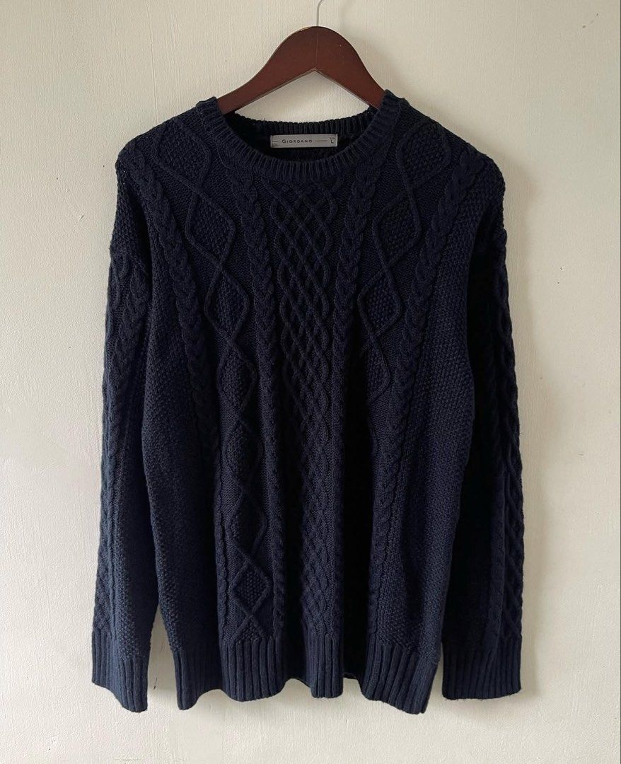Giordano Navy Blue Cable Knit Sweater Size L (Category: Coats, Jackets and Outerwear) located in Las Pinas. Submitted by unwanted.treasures (Listing ID 1466076823, Image 3). Description: - Brand: Giordano - Color: Dark Blue - Size: Large - Style: Classic crewneck with textured diamond patterns on front and sleeves - Details: Ribbed collar, cuffs, and hem for a snug fit - Perfect for: Cool weather, casual layering.