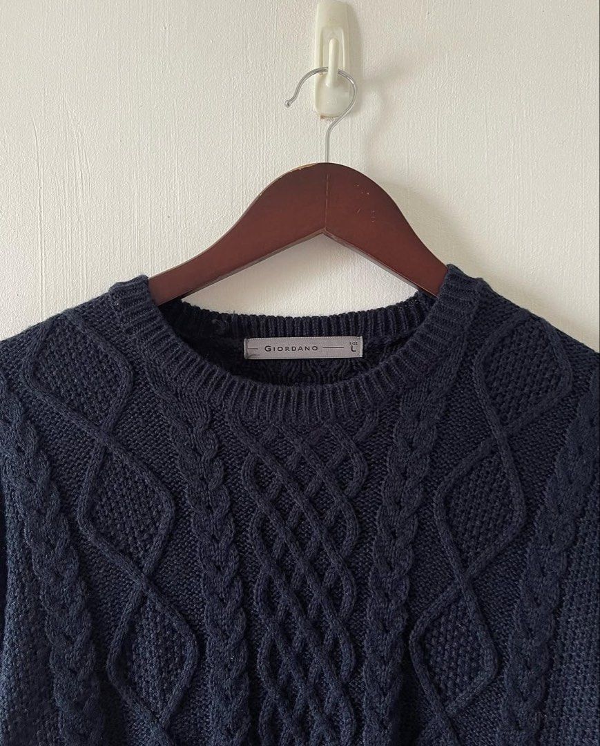 Giordano Navy Blue Cable Knit Sweater Size L (Category: Coats, Jackets and Outerwear) located in Las Pinas. Submitted by unwanted.treasures (Listing ID 1466076823, Image 2). Description: - Brand: Giordano - Color: Dark Blue - Size: Large - Style: Classic crewneck with textured diamond patterns on front and sleeves - Details: Ribbed collar, cuffs, and hem for a snug fit - Perfect for: Cool weather, casual layering.