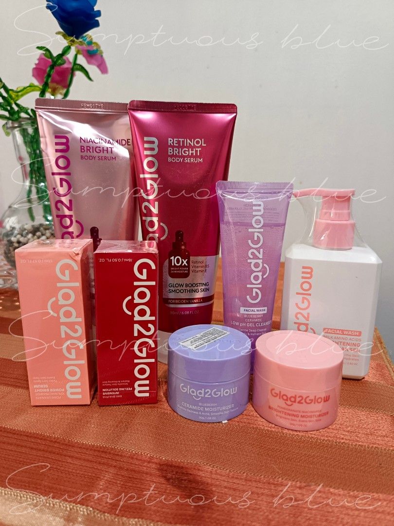 Glad to glow skincare (Category: Face Care) located in Las Pinas. Submitted by sumptuousblueph (Listing ID 1466129295, Image 1). Description: ✅Authentic 💯 Brandnew and sealed, matatagal pa po expiry -Pomegranate moisturizer 130 -Blueberry ceramide moisturizer 130 -Milk facial wash 150 -cermide low ph facial wash 150 -g2g niacinamide lotion 180 -g2g retinol lotion 180 -g2g niacinamide serum 190 -g2g peeling solution 190.