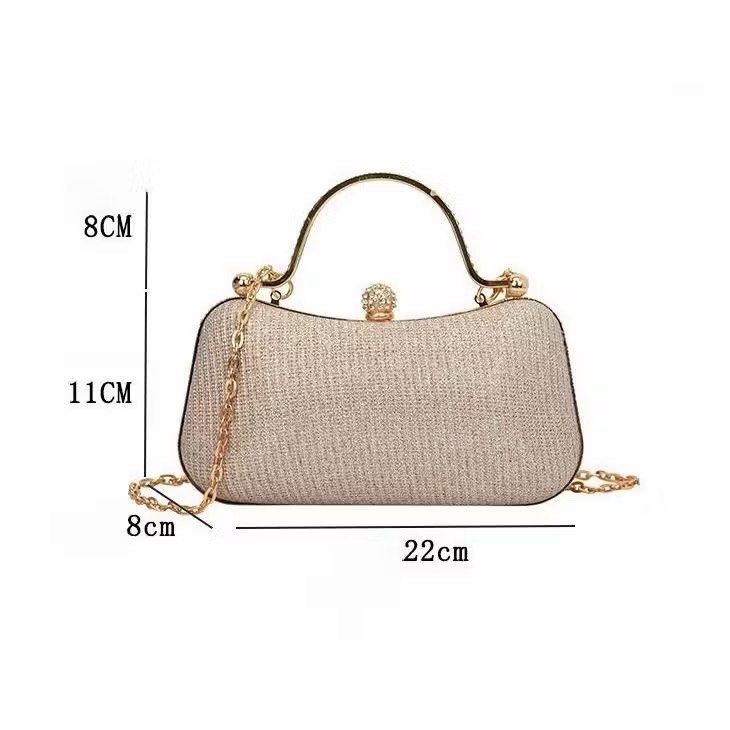 Glitter Evening Clutch Bag With Chain Strap And Handle (Category: Clutches) located in Makati City. Submitted by missinnahco (Listing ID 1466060757, Image 2). Description: Colors available: 🔸 Gold 🔸 Silver 🔸 Black 🔸 Pink ✨ Design: Hard shell with glitter finish, metal top handle, and crystal clasp ✨ Free detachable gold chain strap ✨ Dimensions: 22cm x 11cm with an 8cm handle drop ✨ Perfect for evening events, dinners, weddings, and parties.