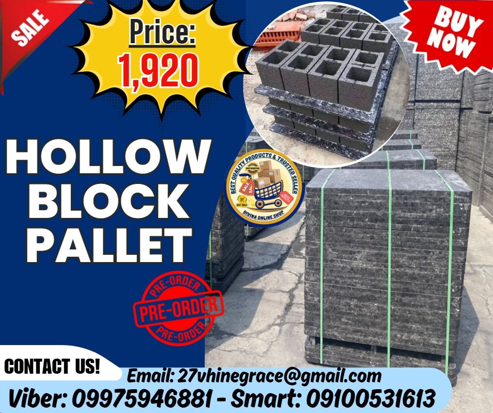 GMT Brick Pallet for Brick Making Machine Block Pallet (Category: Everything Else Others) located in Manila. Submitted by shantalita.shaine (Listing ID 1466041575, Image 1). Description: 📍HURRRYYYY!!! BUY NOW!!! & GET LESS DISCOUNT 📍WE'RE ON SALE ❗️ 🌏 We Can Deliver Nationwide 👉 AP Cargo, LBC & Lalamove- door to door (🛳️ Sea /✈️ Air Freight) 🌟 Concrete Hollow Block Pallet Price: 1,920 ✅ 💯 Guaranteed Seller ✅ Good Quality Products ✅ 💯 Legi