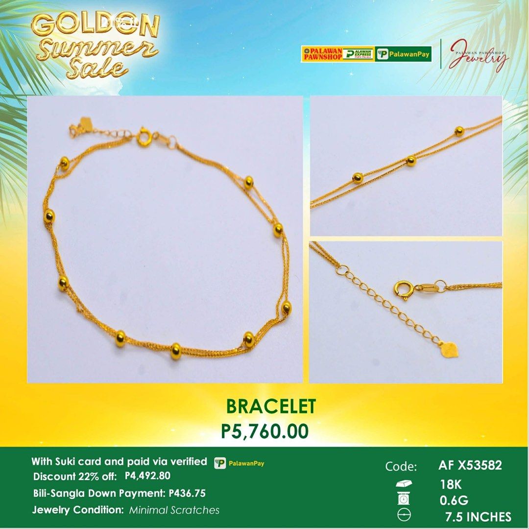 Gold Bracelet 18K (Category: Bracelets) located in Iloilo. Submitted by wagleshoppe (Listing ID 1466095877, Image 1). Description: Rematado Jewelry Bought from Palawan Pawnshop 18 Karat Gold 0.6 grams With official receipt Jewelry Condition: Minimal scratches, Dented Areas (Barely recognizable).