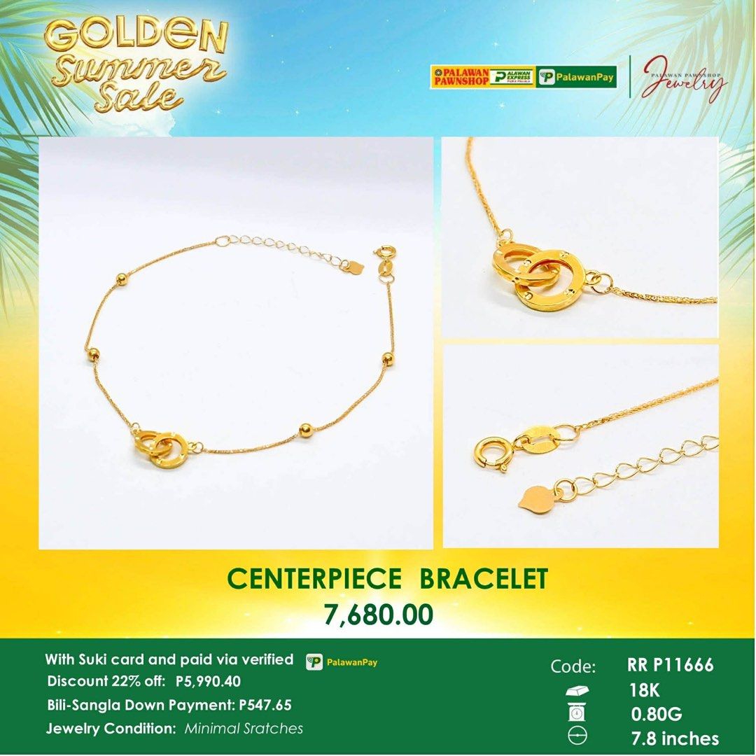 Gold Bracelet 18K (Category: Bracelets) located in Iloilo. Submitted by wagleshoppe (Listing ID 1466097272, Image 1). Description: Rematado Jewelry Bought from Palawan Pawnshop 18 Karat Gold 0.8 grams With official receipt Jewelry Condition: Minimal scratches.