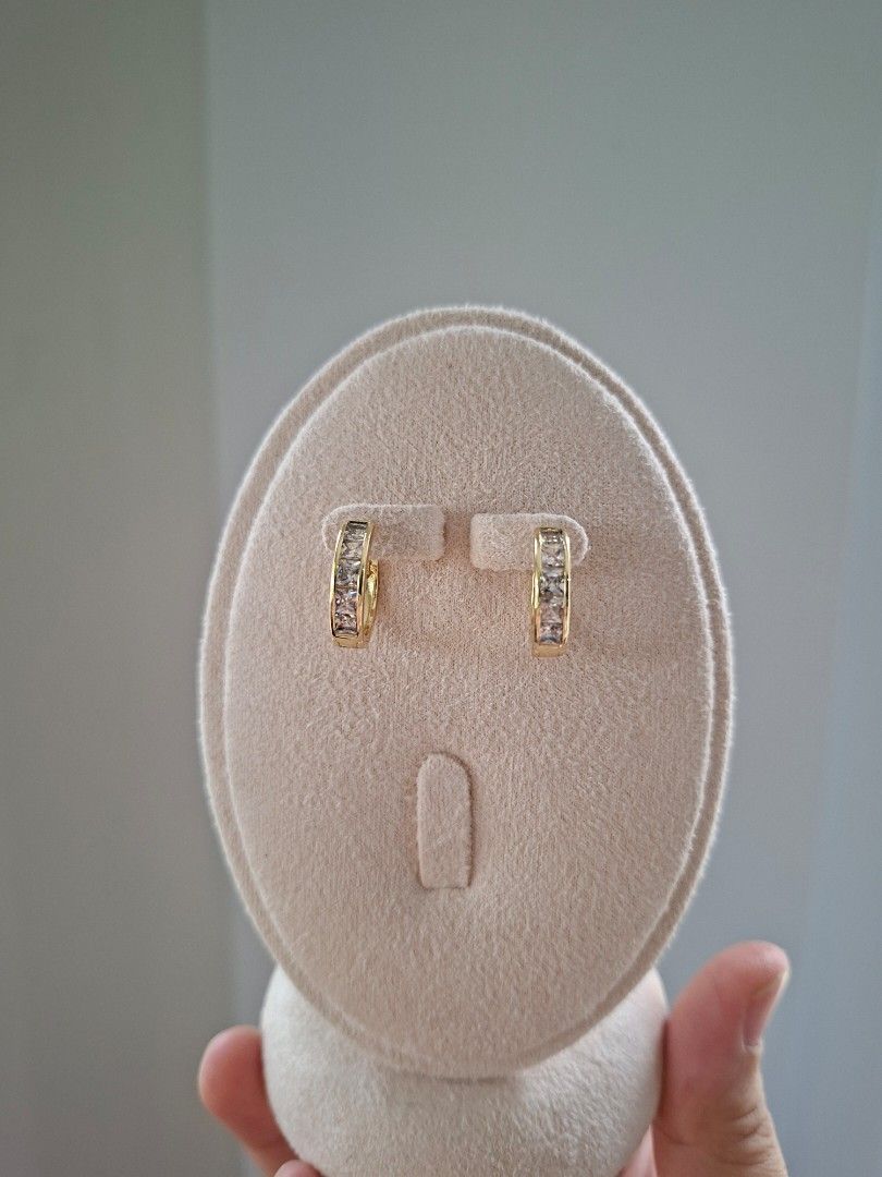 Gold Small Huggies Earrings with White Crystals (Category: Earrings) located in Dasmarinas. Submitted by danabrie22 (Listing ID 1466056648, Image 1). Description: very well-made, excellent crafstmanship 10/10 condition brand new stainless steel & white-colored cubic zirconia stones made in Hongkong.