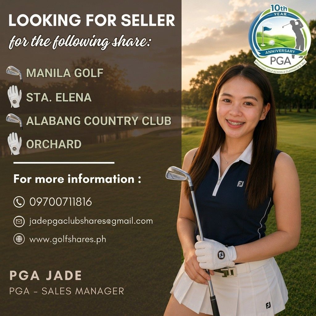 Golf Club Membership Share Buying Services (Category: Golf) located in Caloocan City. Submitted by pgajadeclubshares (Listing ID 1466008043, Image 1). Description: Good day! 😊 This is Jade from PGA Clubshares. ⛳ I would like to ask maybe you have any requirements like buying, selling or lease of any Golf & Country Club shares? You can contact me so I can assist you. Referral are always welcome. Your response is highly appreciated. Thank you. For