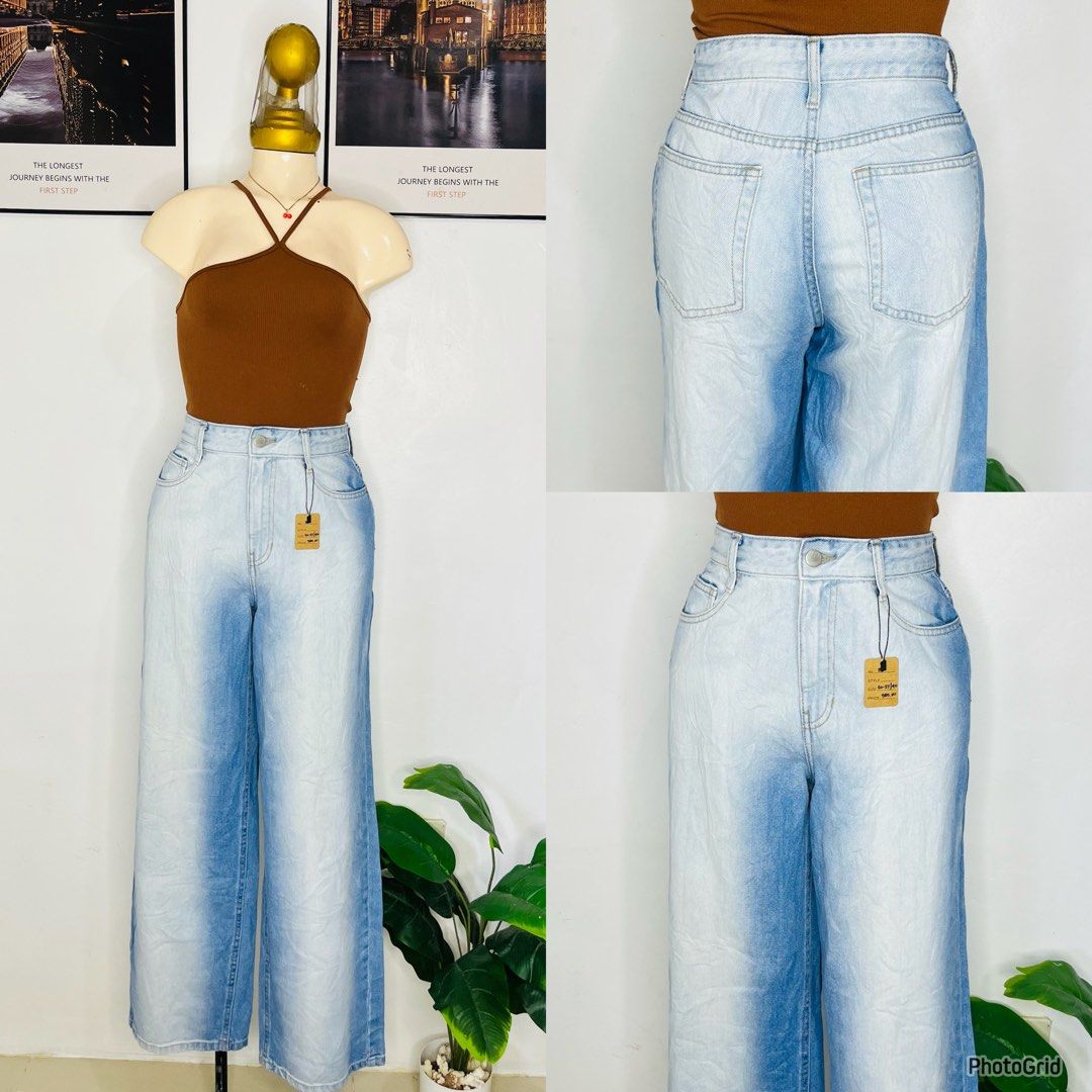 Gradient Blue Wide Leg Denim Jeans (Category: Jeans) located in Manila. Submitted by bengirlclothing (Listing ID 1466059123, Image 1). Description: - SIZE: 26-27 inches waist -LENGTH: 40 inches Style: Gradient blue wide leg jeans with tag attached - Wash: Light wash fading down the center with darker blue sides - Fit: High waist with button closure and belt loops - Pockets: Two functional back pockets .