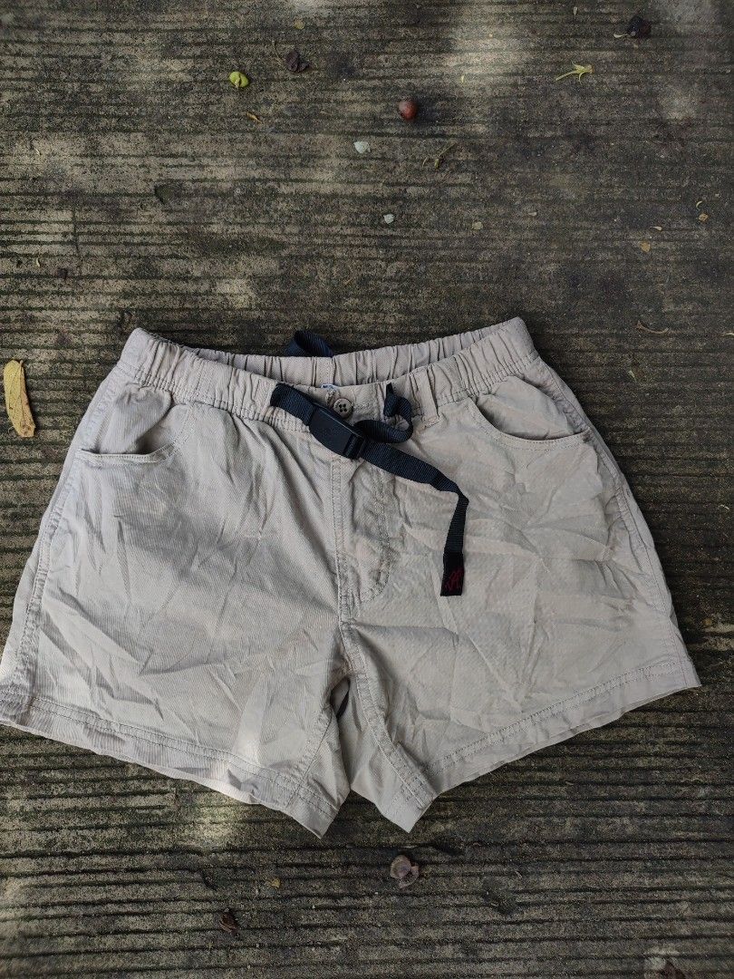 Gramicci Original USA Beige Shorts (Category: Shorts) located in Manila. Submitted by rhynh4rt (Listing ID 1465992876, Image 1). Description: - Brand/Origin: Gramicci Original USA - Color: Beige - Size: Tagged size (Waist: 14" across, Length: 14.5" total) - Material: 98% cotton, 2% polyurethane - Features: Built-in web belt with buckle, elastic waistband, two front pockets - Condition: Clean and ready to wear.