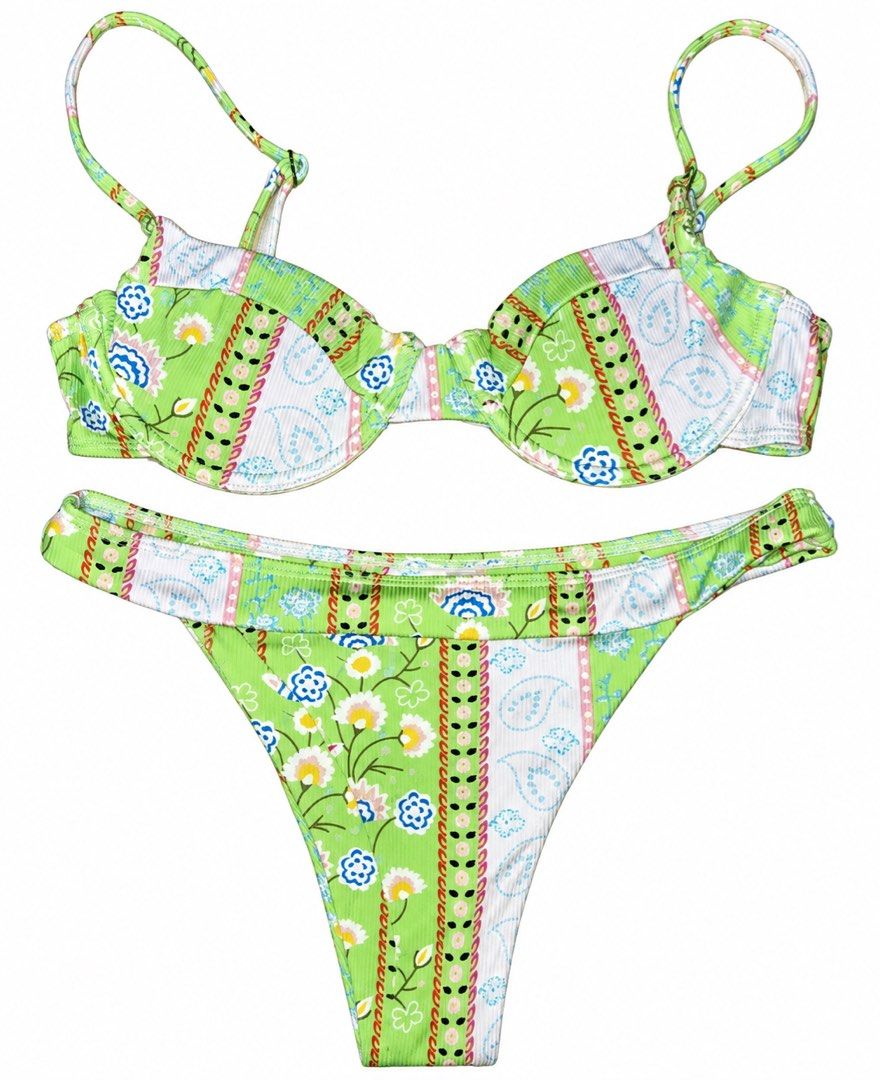 Green Floral Print Two-Piece Bikini Set (Category: Bikinis & Swimsuits) located in Marikina City. Submitted by ziaziaaa (Listing ID 1466073152, Image 1). Description: - Style: Two-piece bikini set with a vibrant mix of floral and paisley prints - Top: Underwire support with adjustable thin straps - Bottoms: Flattering high-cut design - Perfect for: Beach days, pool parties, and tropical getaways - BRAND NEW.