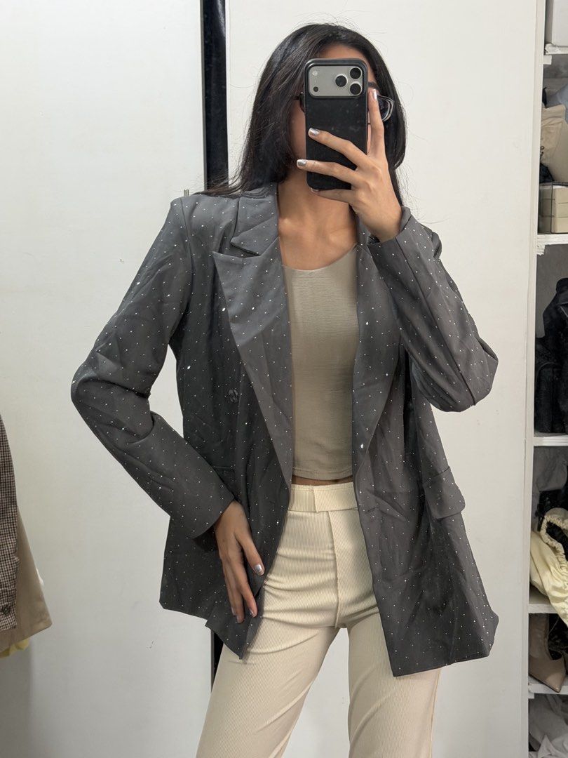 Grey rhinestone studded double breasted blazer (Category: Coats, Jackets and Outerwear) located in Pasig City. Submitted by miss_abuelita (Listing ID 1465985689, Image 3). Description: Length 26” Shoulder to shoulder 17” with shoulder pads.