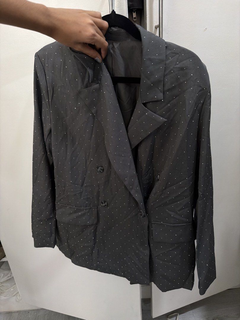 Grey rhinestone studded double breasted blazer (Category: Coats, Jackets and Outerwear) located in Pasig City. Submitted by miss_abuelita (Listing ID 1465985689, Image 2). Description: Length 26” Shoulder to shoulder 17” with shoulder pads.