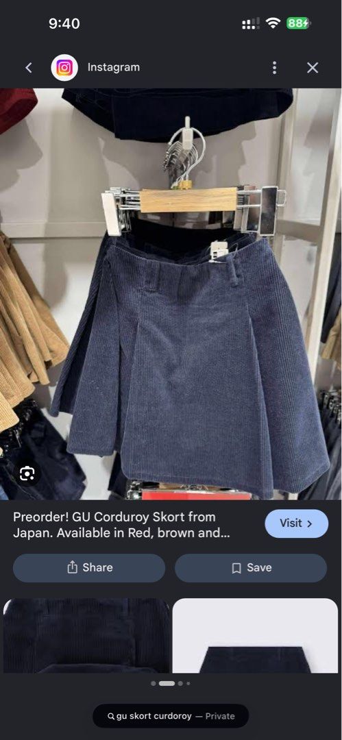 GU Corduroy Skort Navy Blue (Category: Skirts) located in Quezon City. Submitted by declutternstuff (Listing ID 1466135501, Image 1). Description: - Brand: GU - Style: Pleated corduroy skort with built-in shorts - Color: Dark navy blue - Size: Small (62cm waist) - Closure: Side zip - Features: Warm, textured fabric, comfortable coverage - Condition: Great basic piece for pairing with sweaters or oversized tees.