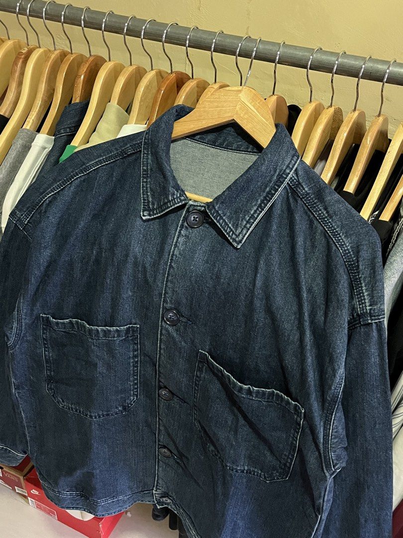 GU Denim Chef Jacket (Category: Coats, Jackets and Outerwear) located in Leyte. Submitted by drn_rags (Listing ID 1465994519, Image 2). Description: GU Denim Chef Jacket Excellent condition Width: 23 Length: 28 Size large on tag .