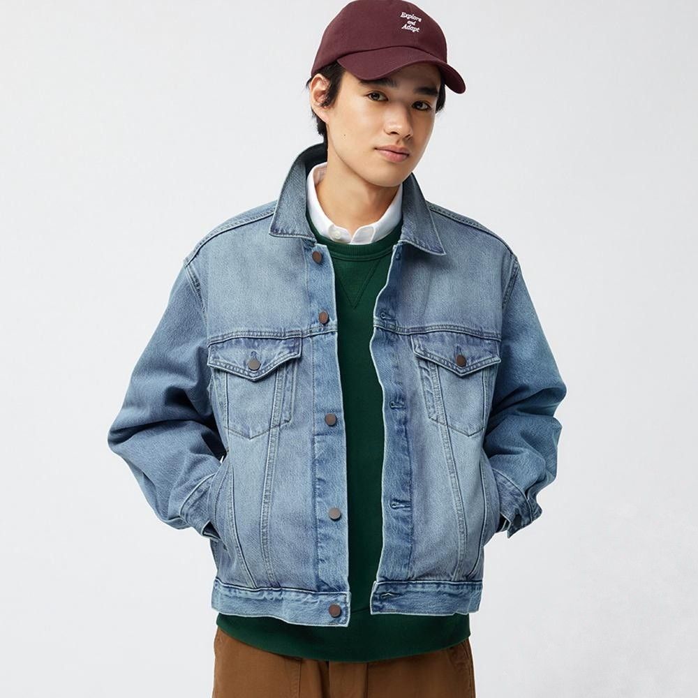 GU Denim Trucker Jacket (Category: Coats, Jackets and Outerwear) located in Quezon City. Submitted by oldturnedtogold (Listing ID 1466003614, Image 1). Description: GU Denim Trucker Jacket Size Medium Light Blue denim Shoulder Width - 19.5" Body length - 24.5" Chest Width - 22.5" Sleeve Length -23" Details: - 100% cotton fabric - Boxy fit - Type III construction with buttoned front closure, and vertical seam details - 2 chest pocket with flap clo