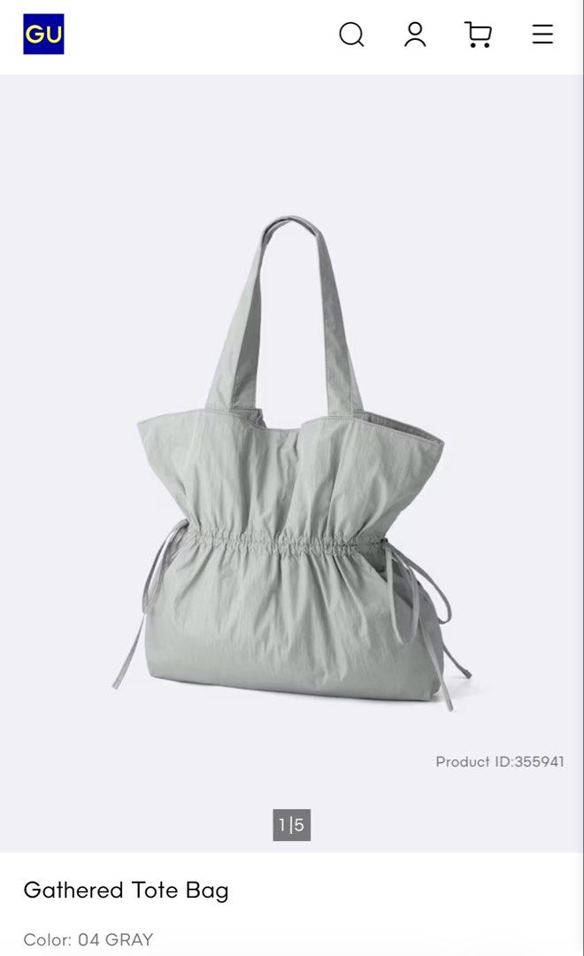GU Gray Gathered Tote Bag (Category: Tote Bags) located in Antipolo. Submitted by dvn_sbrpn (Listing ID 1465956383, Image 3). Description: GU gathered tote bag in gray Magnet closure With small stain in interior pocket Used once as extra bag during Japan trip.