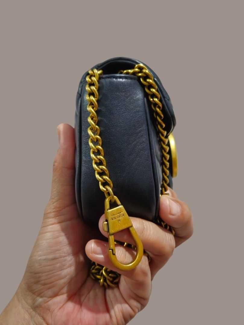 Gucci GG Marmont Mini Sling Bag (Category: Shoulder Bags) located in Caloocan City. Submitted by zoetormojal.18d615 (Listing ID 1466025749, Image 3). Description: Gucci Marmont mini bag - Black chevron pattern - Genuine leather - Brass GG logo and chain strap - Size: Ideal for essentials - Suede inner lining - Coded Gucci tag all over hardware - H 4" x L 7" x D 2" Inches - NO Issue all intact like new condition - Pickup is welcome.