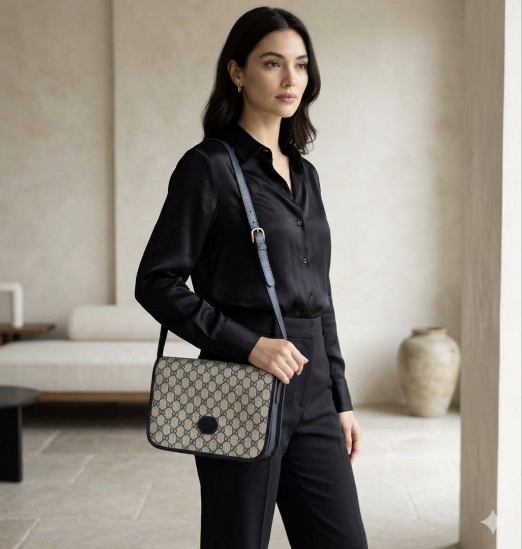 Gucci GG Monogram Blue Leather Shoulder Bag (Category: Luxury Bags & Wallets) located in San Pablo. Submitted by angiemac0921 (Listing ID 1465996390, Image 1). Description: - Brand: Gucci - Style: Vintage Shoulder Bag - Material: GG Monogram Canvas & Dark Blue Leather Trim - Hardware: Gold-tone with Interlocking G Logo - Color: Blue & Beige - Interior: Gold 'Gucci Made in Italy' plaque with serial number stamp - Strap: Adjustable strap drop - Con