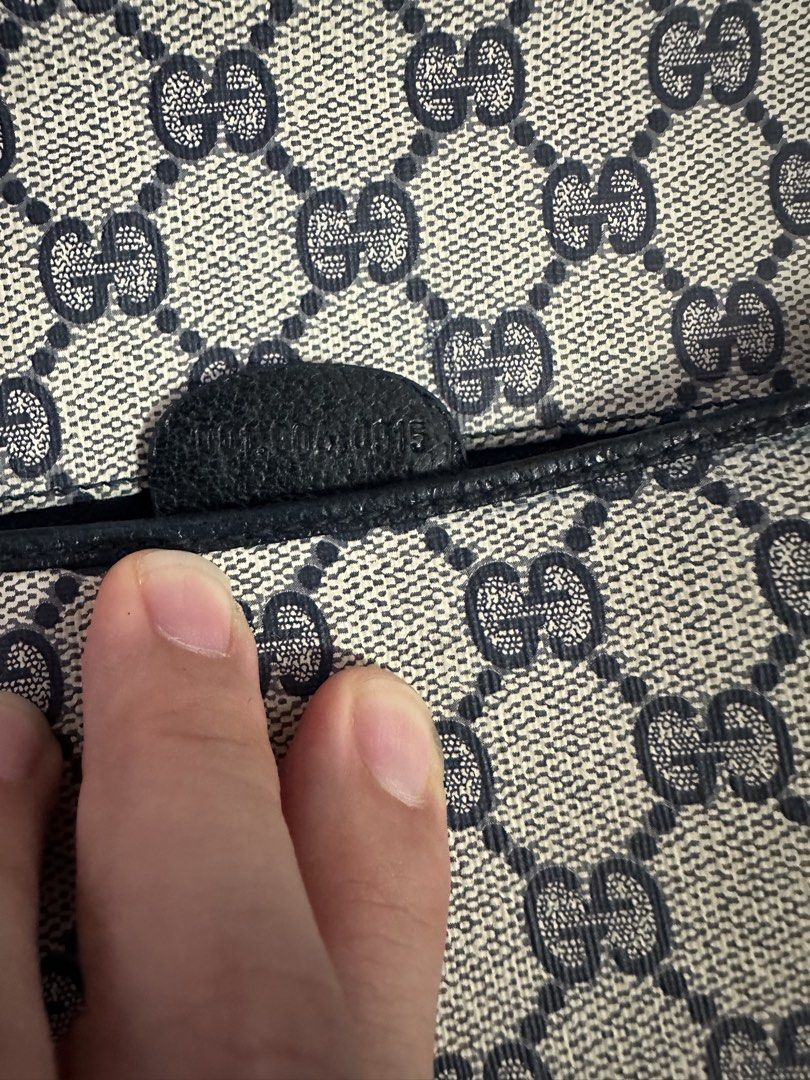 Gucci GG Monogram Blue Leather Shoulder Bag (Category: Luxury Bags & Wallets) located in San Pablo. Submitted by angiemac0921 (Listing ID 1465996390, Image 3). Description: - Brand: Gucci - Style: Vintage Shoulder Bag - Material: GG Monogram Canvas & Dark Blue Leather Trim - Hardware: Gold-tone with Interlocking G Logo - Color: Blue & Beige - Interior: Gold 'Gucci Made in Italy' plaque with serial number stamp - Strap: Adjustable strap drop - Con