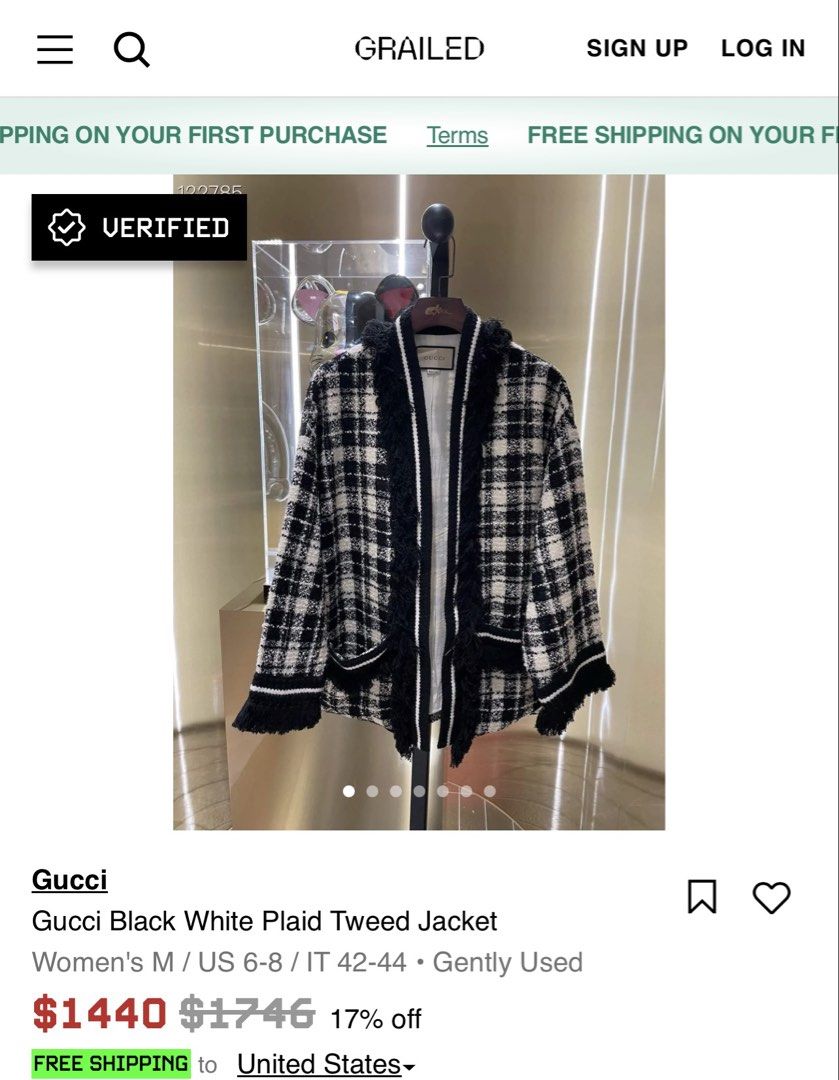 Gucci tweed jacket (Category: Luxury Apparel) located in Baguio. Submitted by kckc_luxury (Listing ID 1466086314, Image 2). Description: 🌸 TINY PINK SPOTS ARE LENS DAMAGE, NOT CLOTH STAINS ————————— ❗️KINDLY READ BEFORE MAKING AN OFFER❗️ LISTING DETAILS size:Large width x length (inches):25x30 condition: EXCELLENT --- MOP: Gcash / BPI MOD: J&T / JRS LOCATION: Baguio City --- NOTE: • Manage your expectations • Photos did not go under any edit but