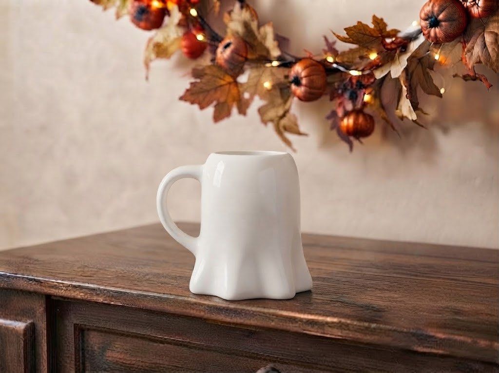 Halloween Ceramic Microwave-Safe Ghost Mug (Category: Coffee & Tea Tableware) located in Baguio. Submitted by the_general_store (Listing ID 1466100526, Image 2). Description: - Authentic Tesco Home ghost mug - Material: Sturdy white ceramic with black painted eyes - Design: Fun wavy bottom edge shaped like a bedsheet with a comfortable side handle - Care: Microwave and dishwasher safe (printed on base) - Perfect seasonal piece for your favorite c