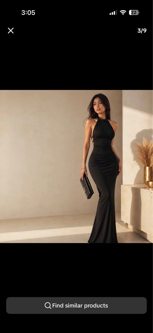Halter neck backless with slit elegant gown (Category: Evening dresses & gowns) located in Manila. Submitted by lian0xx (Listing ID 1466021622, Image 2). Description: ✨ Worn once only ✨ No issues / no damage ✨ Size: Small (S) ✨ Bought for ₱519 💸 Selling for ₱350 only! Still in great condition, just letting it go since I no longer use it. 🫶🏻.