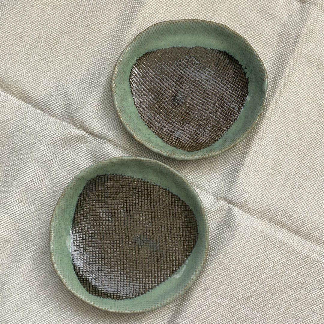 Handcrafted Sage & Mesh-Textured Brown Ceramic Plates (Category: Food Organization & Storage) located in Davao. Submitted by lili.enne (Listing ID 1466087780, Image 1). Description: set of 2 🦋.