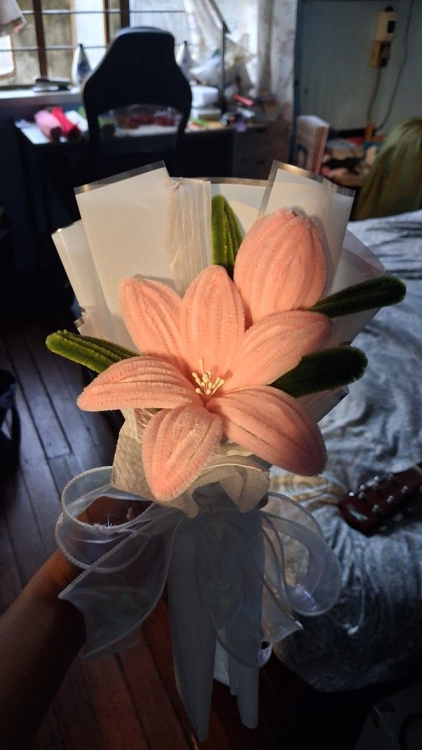 Handmade Pink Pipe Cleaner Flower Bouquet (Category: Flowers & Bouquets) located in Manila. Submitted by warmtree_6c8201 (Listing ID 1465985917, Image 1). Description: - Handcrafted pipe cleaner flower bouquet in soft pink and green - Elegantly wrapped in white translucent paper with a large sheer white bow - Everlasting floral gift that never withers - Perfect for birthdays, anniversaries, and special celebrations - Ready to gift straight out of