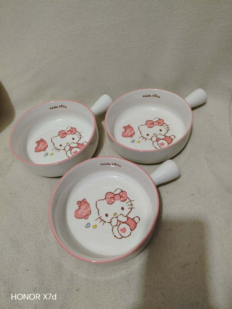Hello kitty plates and bowls (Category: Dinnerware & Cutlery) located in Baguio. Submitted by noona_faith (Listing ID 1466151216, Image 2). Description: Ceramic plates and bowls 1 handle bowl - 200 each 2 ears bowls - 260 each Big bowl - 240 each Take all with special discount.
