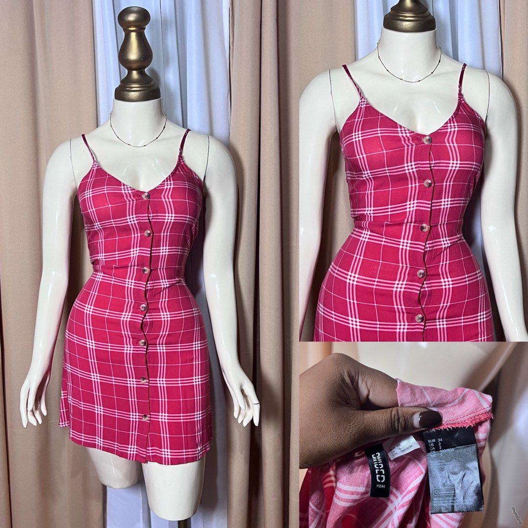 H&M Pink Plaid Button-Front Mini Dress (Category: Dresses) located in Kidapawan. Submitted by frizzyjayne (Listing ID 1465981640, Image 1). Description: - Brand: H&M - Size: EUR 34, US 2, CA 2 (Fits true to size bodycon style) - Design: Pink & white plaid pattern, spaghetti straps, V-neckline - Details: Functional front buttons, lightweight fabric - Length: Mid-thigh mini dress - Condition: Great pre-loved condition, perfect for sunny days or lay