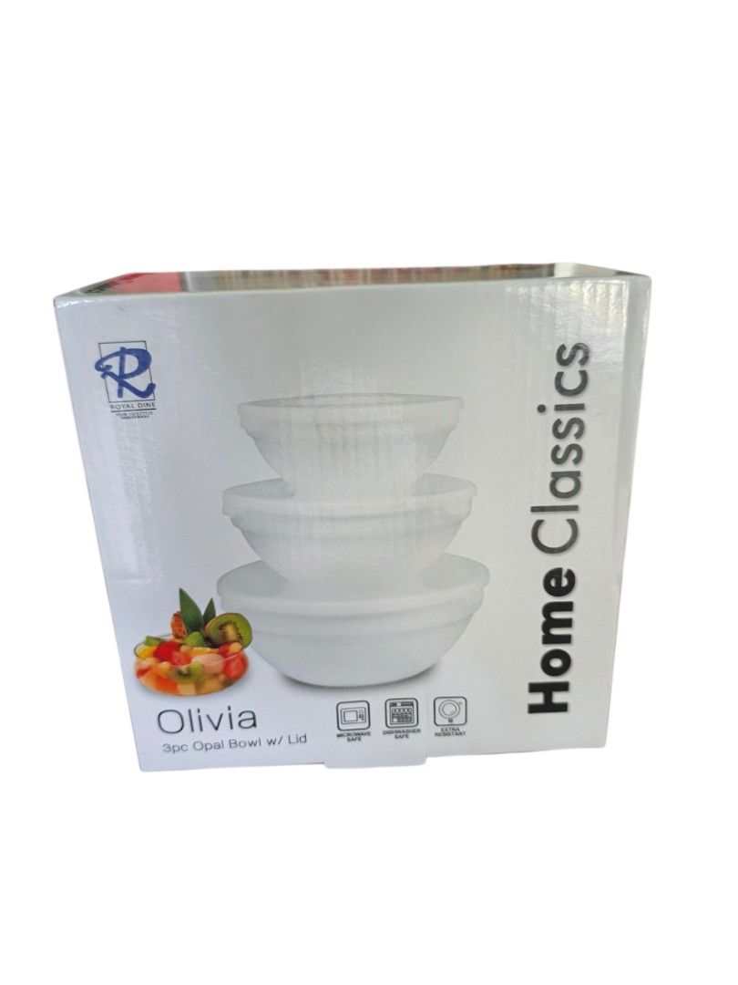 Home Classics Olivia 3pc Opal Bowl w/ Lid (Category: Dinnerware & Cutlery) located in Bacoor. Submitted by davealvare39194 (Listing ID 1466027193, Image 1). Description: - Brand: Home Classics Olivia by Royal Dine - Set includes: 3 opal bowls with matching lids in different sizes - Condition: Brand new, still packed inside the original cardboard box - Durability: Extra resistant - Convenience: Microwave safe and dishwasher safe - Ideal for food s