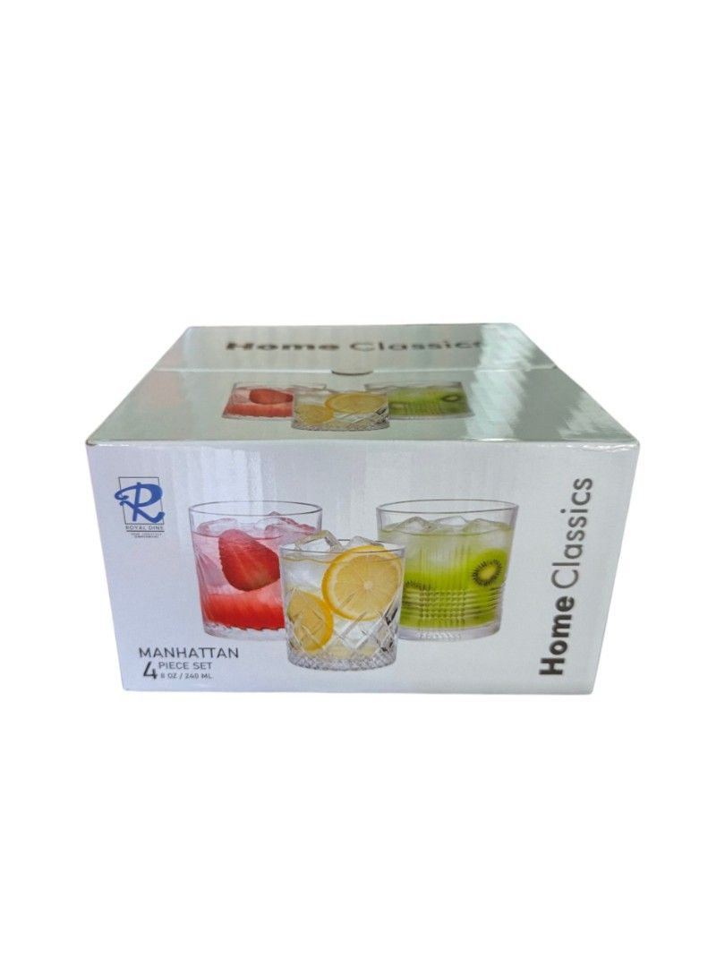 Home Classics Washington 4-Piece Glass Set (Category: Dinnerware & Cutlery) located in Bacoor. Submitted by davealvare39194 (Listing ID 1466027138, Image 2). Description: - Brand: Home Classics - Model: Washington (Royal Dine Collection) - Set of 4 glass pieces - Capacity: 9 oz / 255 ml each - Features clear and textured patterns - Condition: Brand new, unopened box - Ideal for: Juices, water, or cocktails.