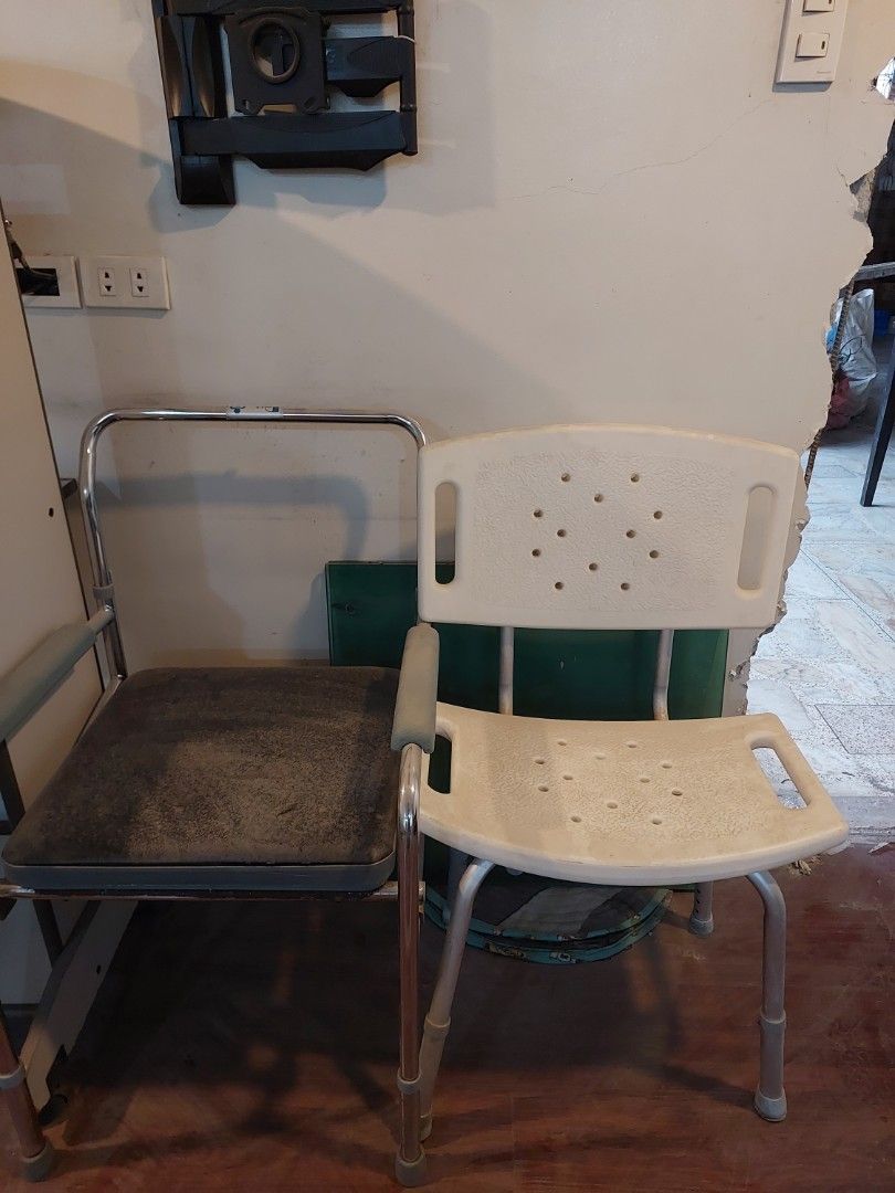 Hospital Bed Accessories and Shower Chairs Bundle (Category: Medical Supplies & Tools) located in Caloocan City. Submitted by ericajane_tc (Listing ID 1465991801, Image 2). Description: - Complete home care setup package ready for pickup - Hospital bed parts: includes wooden headboard, side rails, and IV pole - Two white plastic-backed shower chairs included - One shower chair features a comfortable padded seat - Neatly stacked and ready for fast