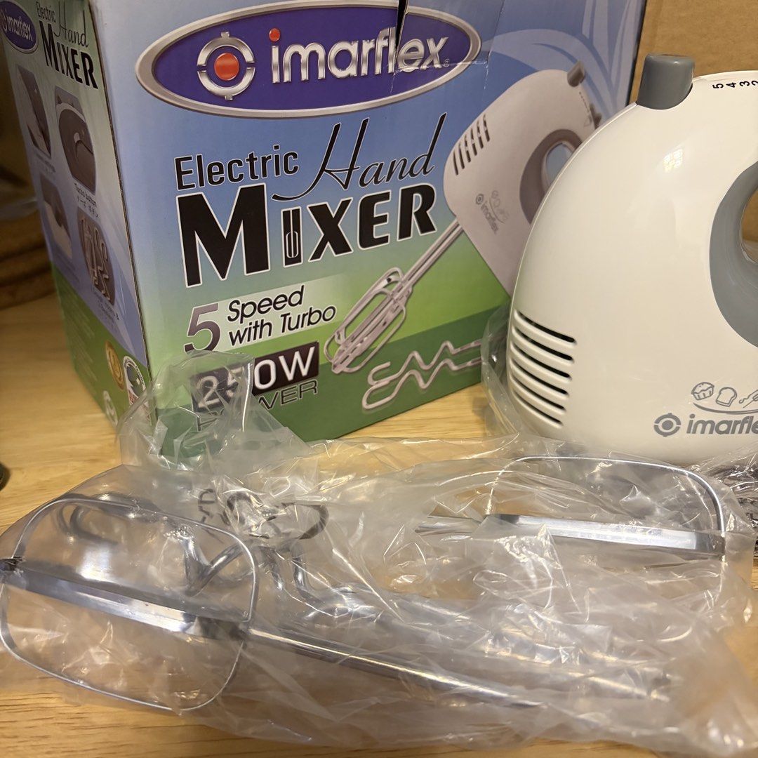 Imarflex Electric Hand Mixer IMX-250 (Category: Hand & Stand Mixers) located in Paranaque City. Submitted by b.lyka (Listing ID 1466024304, Image 2). Description: 5 Speed Settings with Turbo Easy to use Eject Button for Beaters & Hooks 250 Watts Power What’s in the Box 1 Unit x Imarflex Hand Mixer IMX-250 1 set x Dough Hook 1 set × Beater 1 x Instruction Manual.