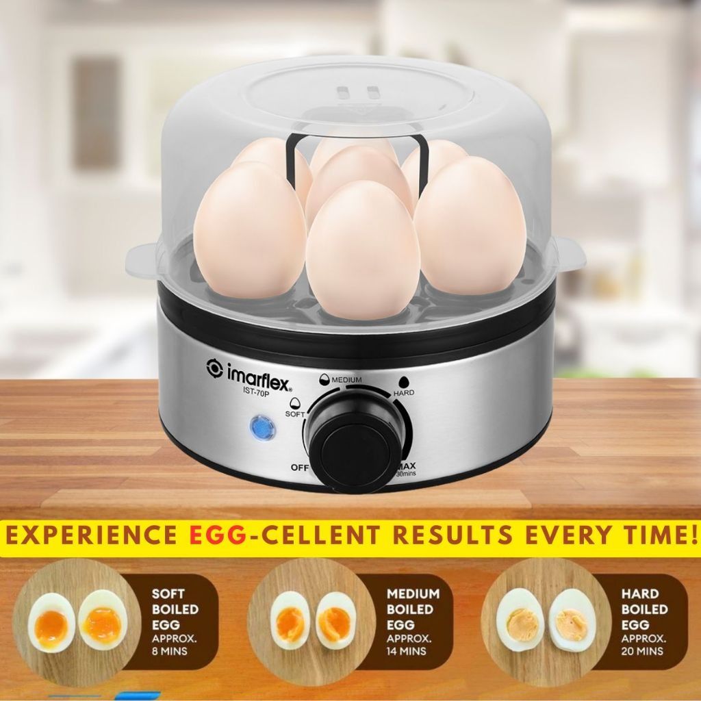 Imarflex IST-70P Electric Egg Cooker Steamer (Category: Cookers) located in Quezon City. Submitted by mo.me (Listing ID 1466075943, Image 2). Description: - Brand/Model: Imarflex Electric Egg Cooker (IST-70P) - Durable stainless steel body and heating plate - 7-egg capacity with 3 preset settings and a 30-minute timer - Versatile: Steam soft, medium, or hard-boiled eggs, plus make siomai, omelets, and veggies - Includes complete accessories: egg 
