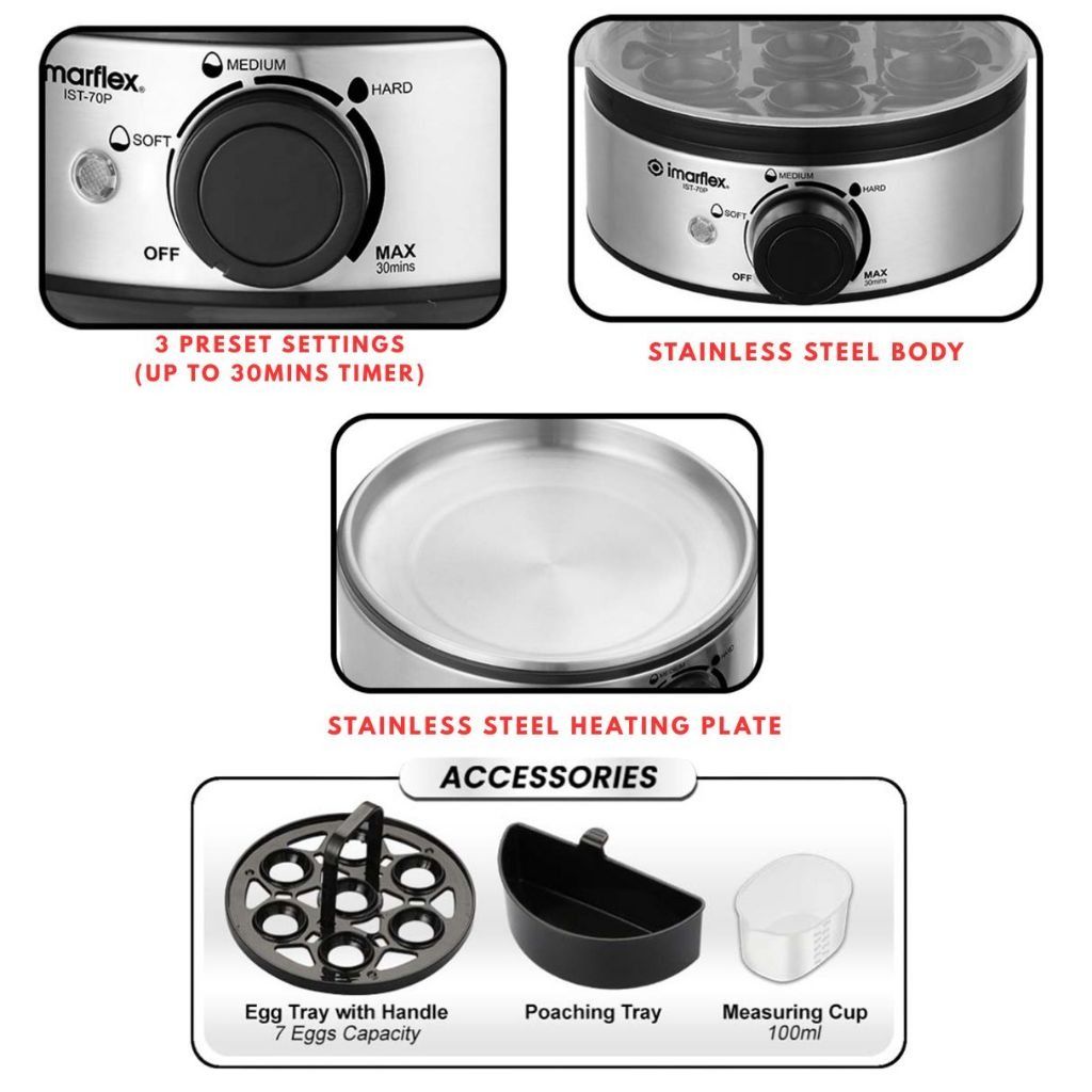 Imarflex IST-70P Electric Egg Cooker Steamer (Category: Cookers) located in Quezon City. Submitted by mo.me (Listing ID 1466075943, Image 3). Description: - Brand/Model: Imarflex Electric Egg Cooker (IST-70P) - Durable stainless steel body and heating plate - 7-egg capacity with 3 preset settings and a 30-minute timer - Versatile: Steam soft, medium, or hard-boiled eggs, plus make siomai, omelets, and veggies - Includes complete accessories: egg 