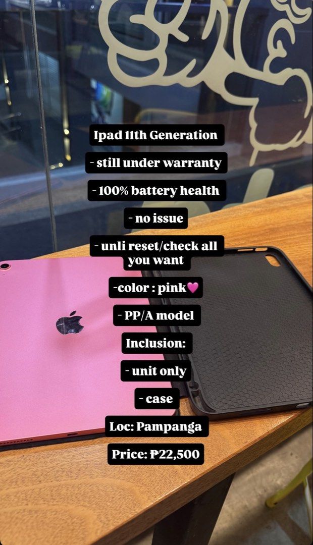 Ipad 11th Generation (Category: iPad) located in San Fernando. Submitted by supeterann89724 (Listing ID 1465970773, Image 1). Description: Ipad 11th Generation - still under warranty - 100% battery health - no issue - unli reset/check all you want - 128 GB -color : pink🩷 - PP/A model Inclusion: - unit only - case Loc: Pampanga Price: ₱22,500 #ipad #11thgen.