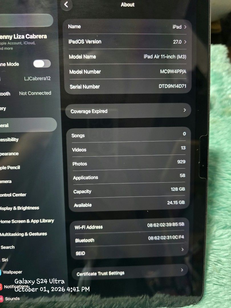 Ipad air M3 (Category: iPad) located in Paete. Submitted by ljhen1419 (Listing ID 1466014417, Image 2). Description: for sale excellent condition ipad air m3 128gb battery health:normal maximum capacity 93% cycle count 168 with box.