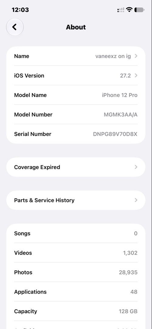iPhone 12 Pro Graphite (Category: iPhone 12 Series) located in Cavite. Submitted by vaneexz (Listing ID 1465988841, Image 3). Description: Model: iPhone 12 Pro Graphite Storage: 128GB Battery Health: 70% Condition: Excellent working condition, NO REPLACED PARTS ALL ORIGINAL. Features: True Tone working, Face ID working, all buttons working, no sim restrictions / openline, NTC Approved. Signs of Usage ( casemarks ) - with original box, UGreen char