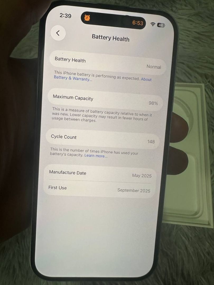 iPhone 15 256GB 98% BH Blue (Category: iPhone 15 Series) located in Manila. Submitted by gadjetseller122889 (Listing ID 1466000654, Image 3). Description: iPhone 15 256GB 98% BH Blue Quick Specs: iPhone 15 256GB 98% BH 148 Cycle count Blue Inclusion: Unit Charger Replacement box No issue In pristine condition Mura compare sa Ghills Meet up Q.C Batasan, Commonwealth, Fairview, SJDM Bulacan Marikina Nangka Marikina or San Mateo, Rizal. Pwede shippi
