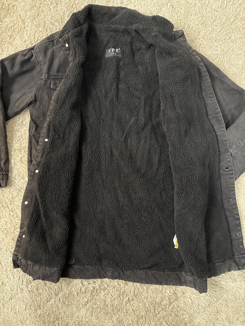 iPT Black Sherpa Lined Denim Jacket Coat (Category: Coats, Jackets and Outerwear) located in Quezon City. Submitted by dropdeadprices (Listing ID 1466028955, Image 2). Description: IPT black denim jacket with cozy black sherpa lining and collar. Snap button closure down the front. Distressed detailing on the chest pockets and placket. Two chest pockets and two side pockets. Warm jacket perfect for spring and autumn 35.5 inches long x 23 inches wi