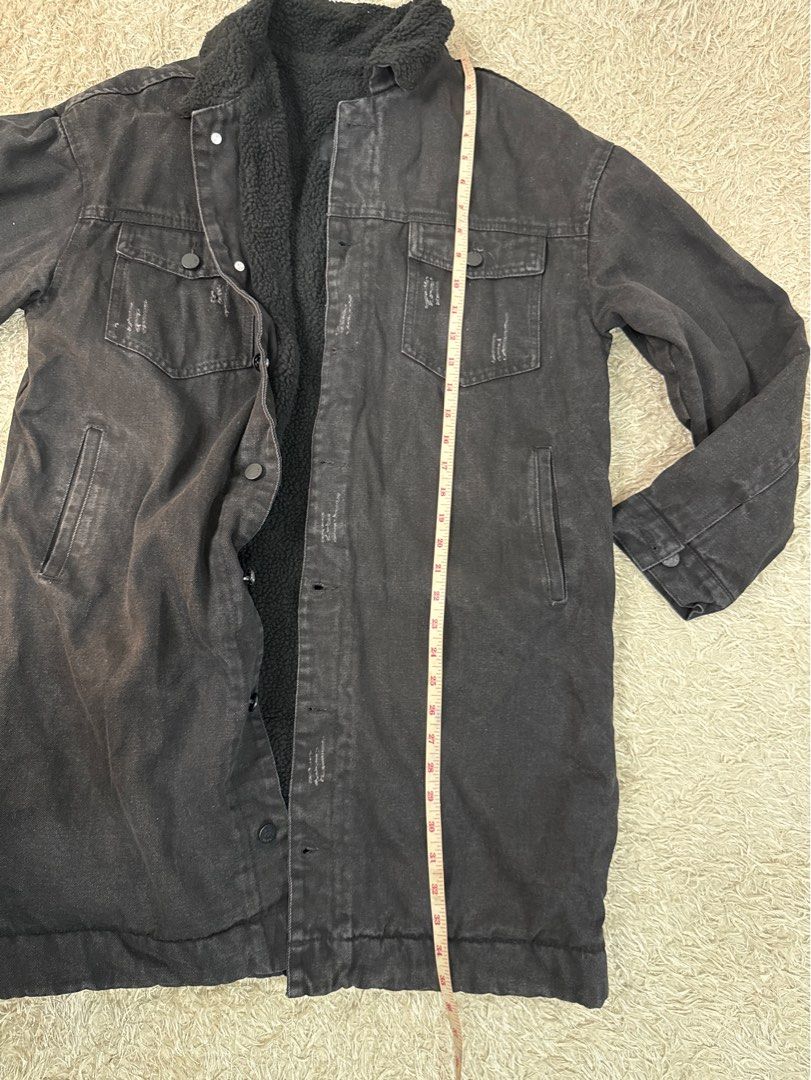 iPT Black Sherpa Lined Denim Jacket Coat (Category: Coats, Jackets and Outerwear) located in Quezon City. Submitted by dropdeadprices (Listing ID 1466028955, Image 3). Description: IPT black denim jacket with cozy black sherpa lining and collar. Snap button closure down the front. Distressed detailing on the chest pockets and placket. Two chest pockets and two side pockets. Warm jacket perfect for spring and autumn 35.5 inches long x 23 inches wi