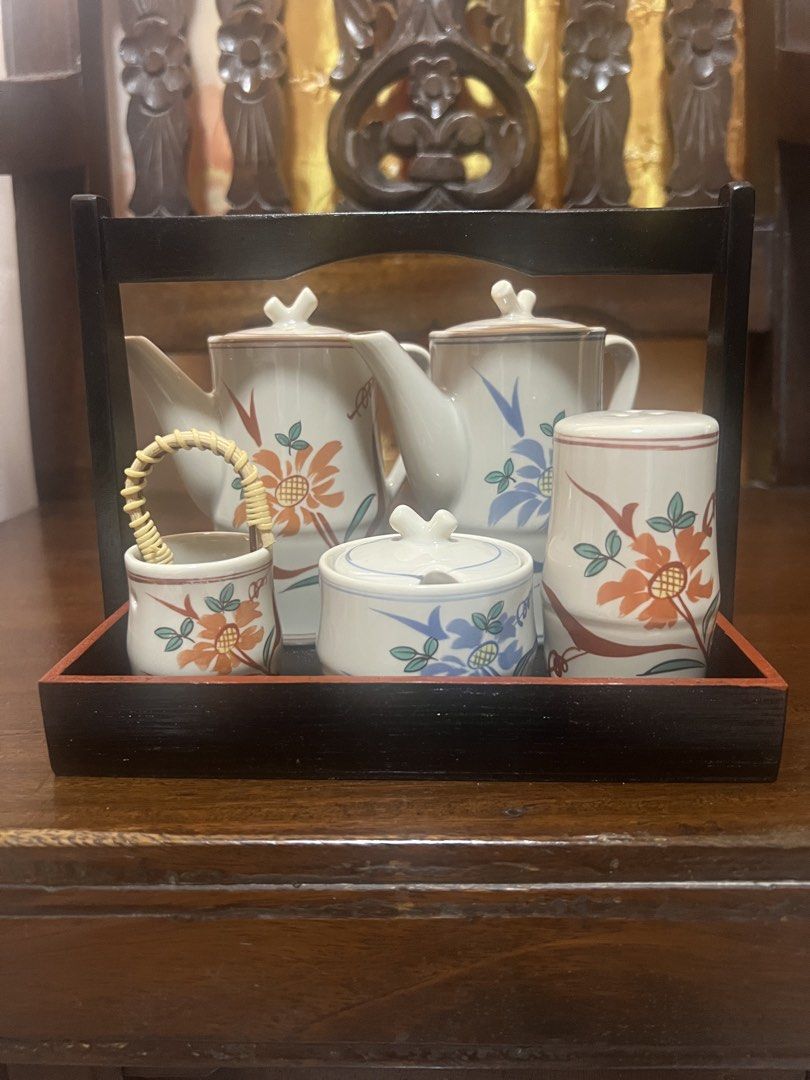 Japan seasoning/condiments set (Category: Other Kitchenware & Tableware) located in Manila. Submitted by rlab_japan_thrift (Listing ID 1466055621, Image 3). Description: Japanese Vintage Floral Seasoning & Condiment Set with Wooden Carrying Tray 🍶🌿 An exquisite, authentic Japanese ceramic condiment and tea/sauce set decorated with hand-painted autumn floral motifs. Complete with its original wooden carrying rack and original collector’s storage
