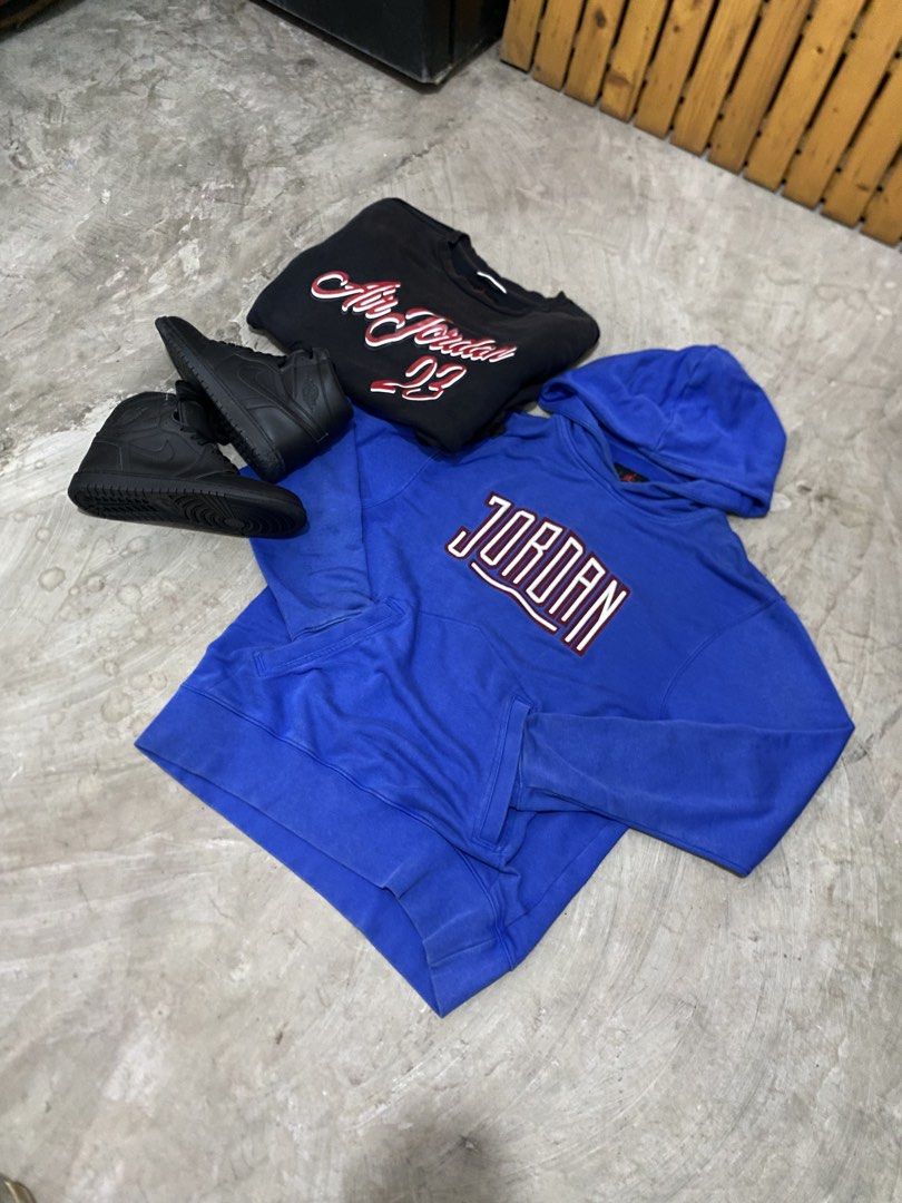 Jordan Bundle Hoodie Sweatshirt (Category: Hoodies) located in Las Pinas. Submitted by 2fly.margiela (Listing ID 1465958984, Image 2). Description: - Authentic Jordan 3-piece streetwear bundle - 1 Blue hoodie with large embroidered chest lettering - 1 Black long-sleeve sweatshirt with white and red cursive script - 1 Pair of black high-top sneakers with tonal branding - Sold as a set only.