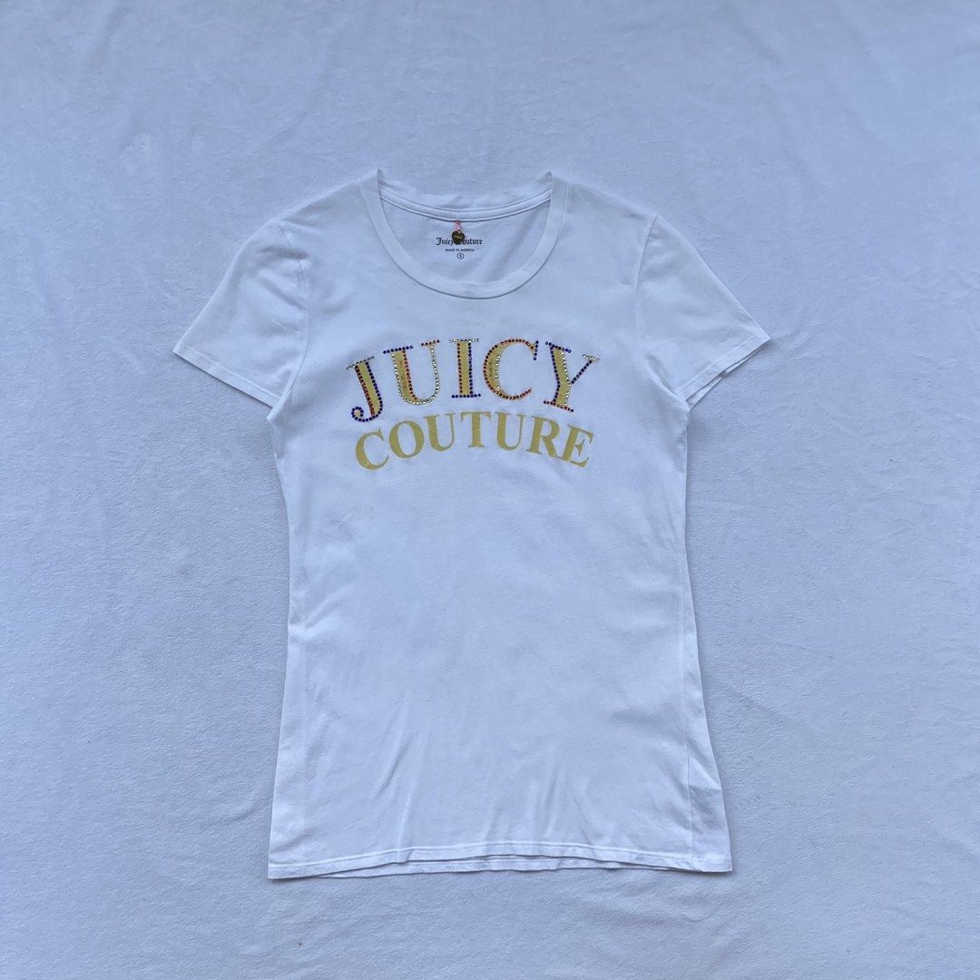 Juicy Couture Tee (Category: Blouses) located in General Santos City (Dadiangas). Submitted by kala_chuchi (Listing ID 1465960899, Image 1). Description: Size. Small 13 inches width 23.5 inches length Flaws. Missing few gems Over all condition Excellent .