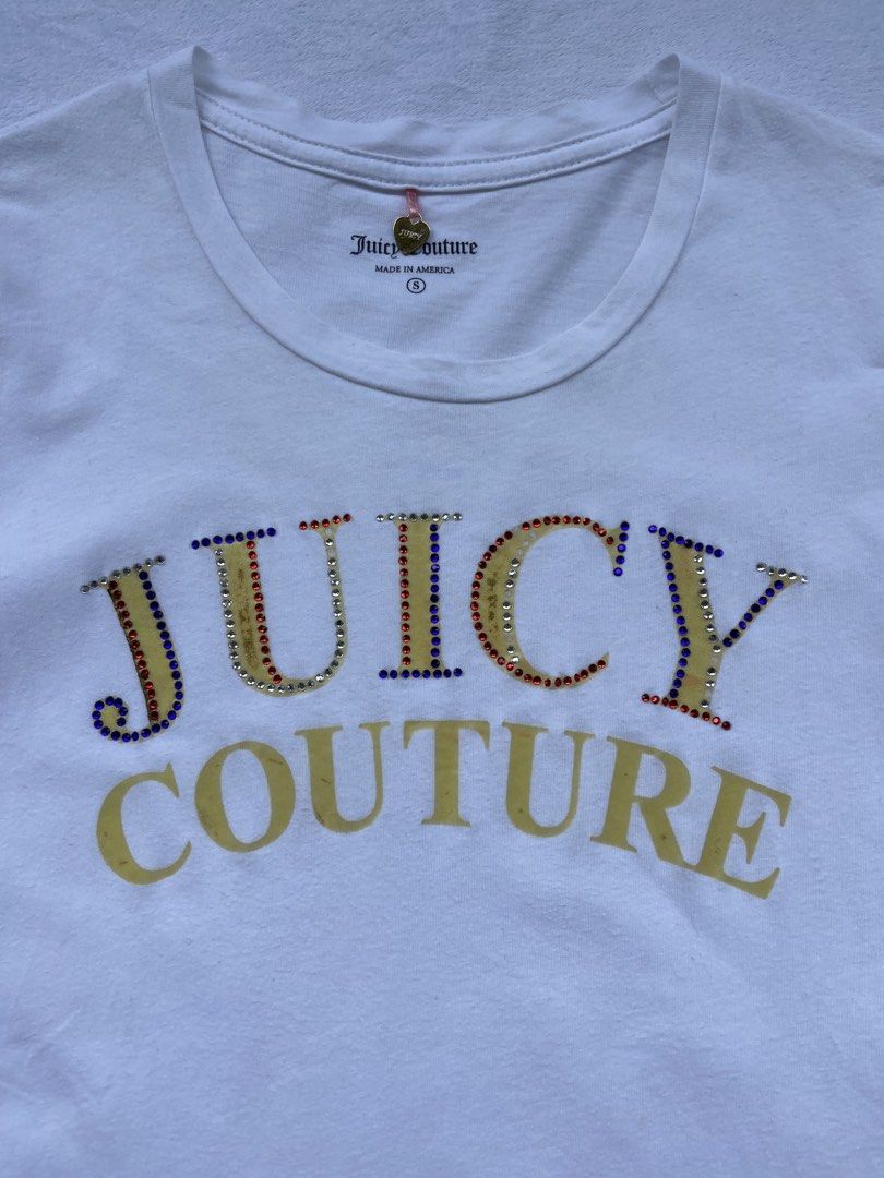 Juicy Couture Tee (Category: Blouses) located in General Santos City (Dadiangas). Submitted by kala_chuchi (Listing ID 1465960899, Image 3). Description: Size. Small 13 inches width 23.5 inches length Flaws. Missing few gems Over all condition Excellent .